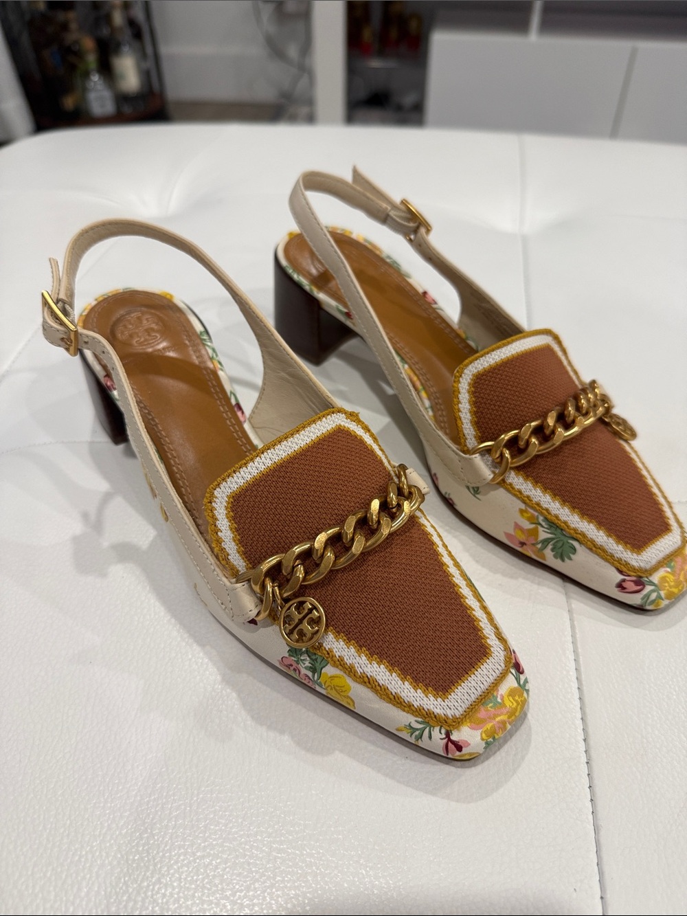 Tory Burch Cream & Brown Floral Chain-Accent Slingback Heels